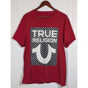 True Religion Shirt Mens Size Large Red Stripe Textured Logo Cotton VTG Y2K